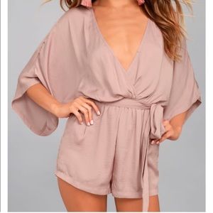 Lulus blush mauve champagne oversized belted romper deep v
